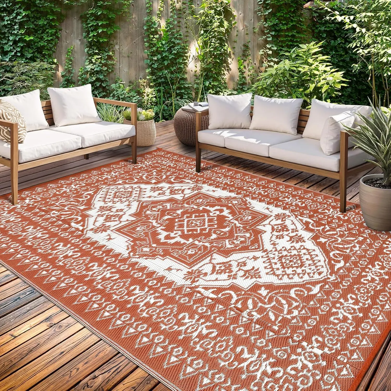 Gaomon Outdoor Rugs Waterproof Reversible Outdoor Plastic Straw Rug Vintage Retro Patio Rug Indoor Outdoor Carpet RV Mat Outside for Patio Camp Balcony Deck Picnic, Vintage Orange Terracotta