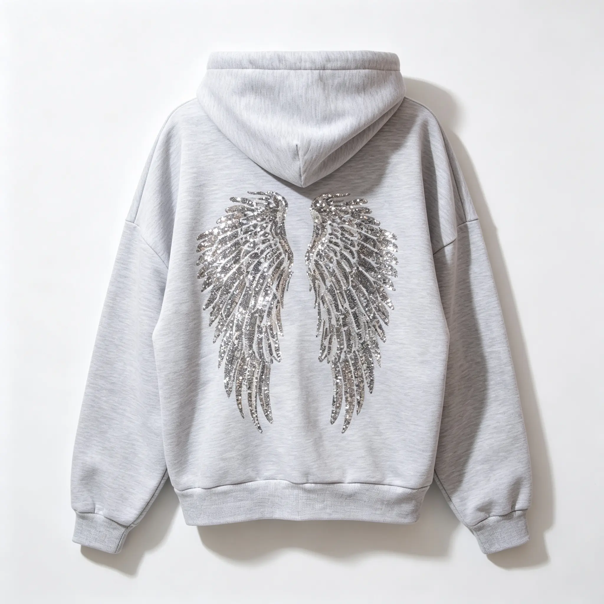 Women's Solid Color Hoodie Sweatshirt, Sequin Angel Wings Embroidery On Back, Long Sleeve Loose Casual Pullover Hooded Top for 2026 Fall Winter Streetwear