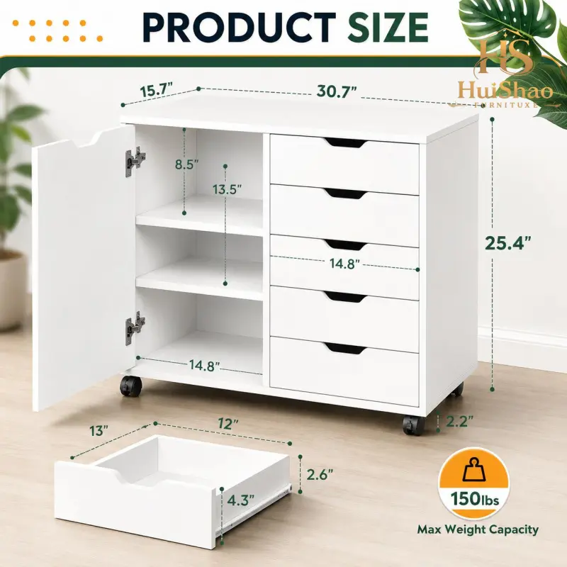5-Drawer Storage Cabinet with Door, Mobile Printer Stand & Wood Dresser for Home Office, Rolling Filing Cabinet, White
