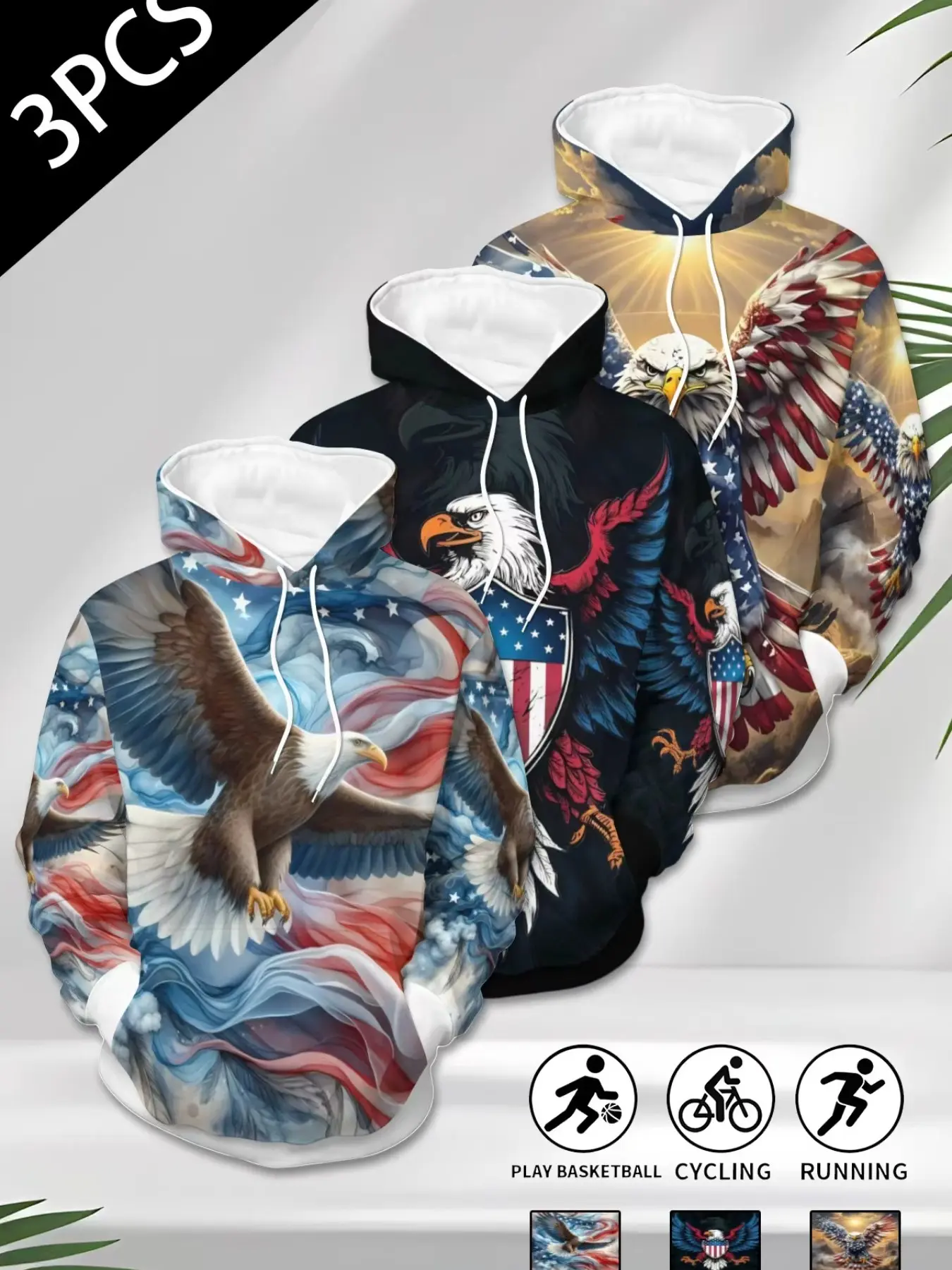 3-Pack Men's Bald Eagle Flag Print Hooded Sweatshirt, American Style Drawstring Pullover, Casual Long Sleeve Fitted Hoodie