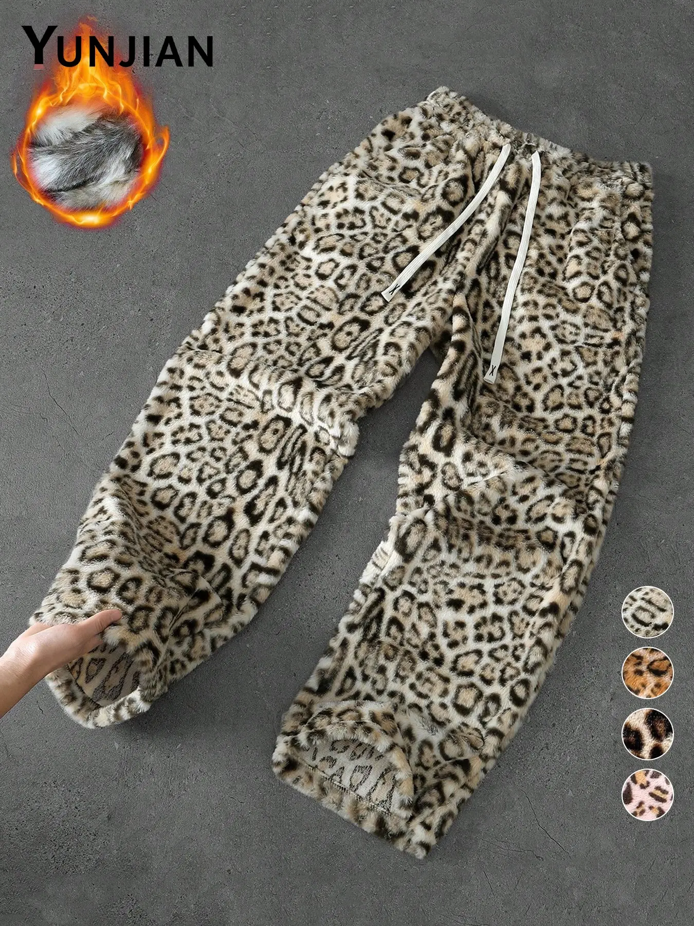 Unisex Retro Leopard Print Thick Warm Fluffy Wide Leg Pants, Loose Fit Y2K Streetwear, Fall Winter Casual Home Wear, Four Colors