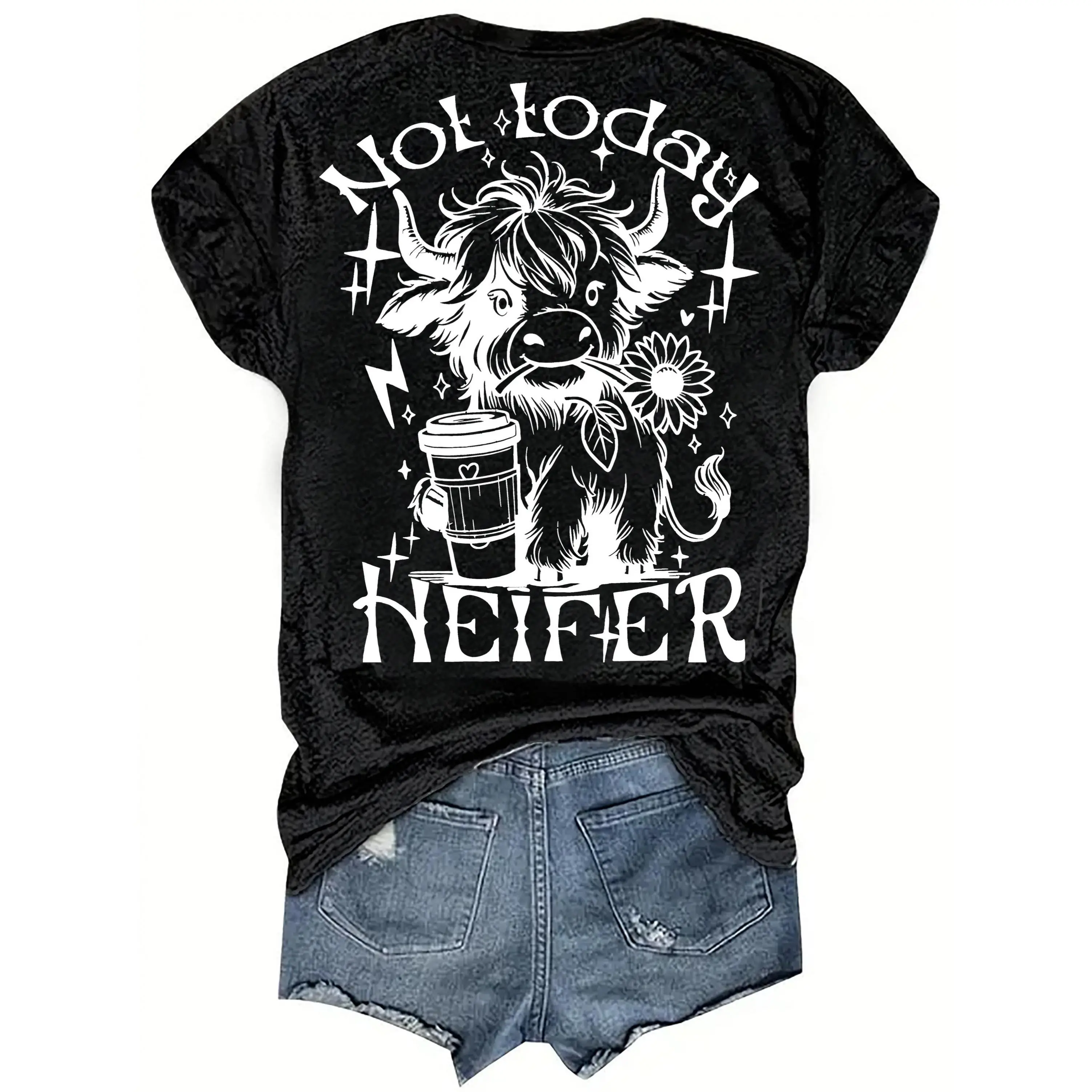 Women's Short-Sleeve Round Neck Graphic Tee, Black Cotton "Not Today Heifer" Highland Cow Funny Western Sports Top for Summer Casual Wear, Shortsleeve, Women's Graphic Tees