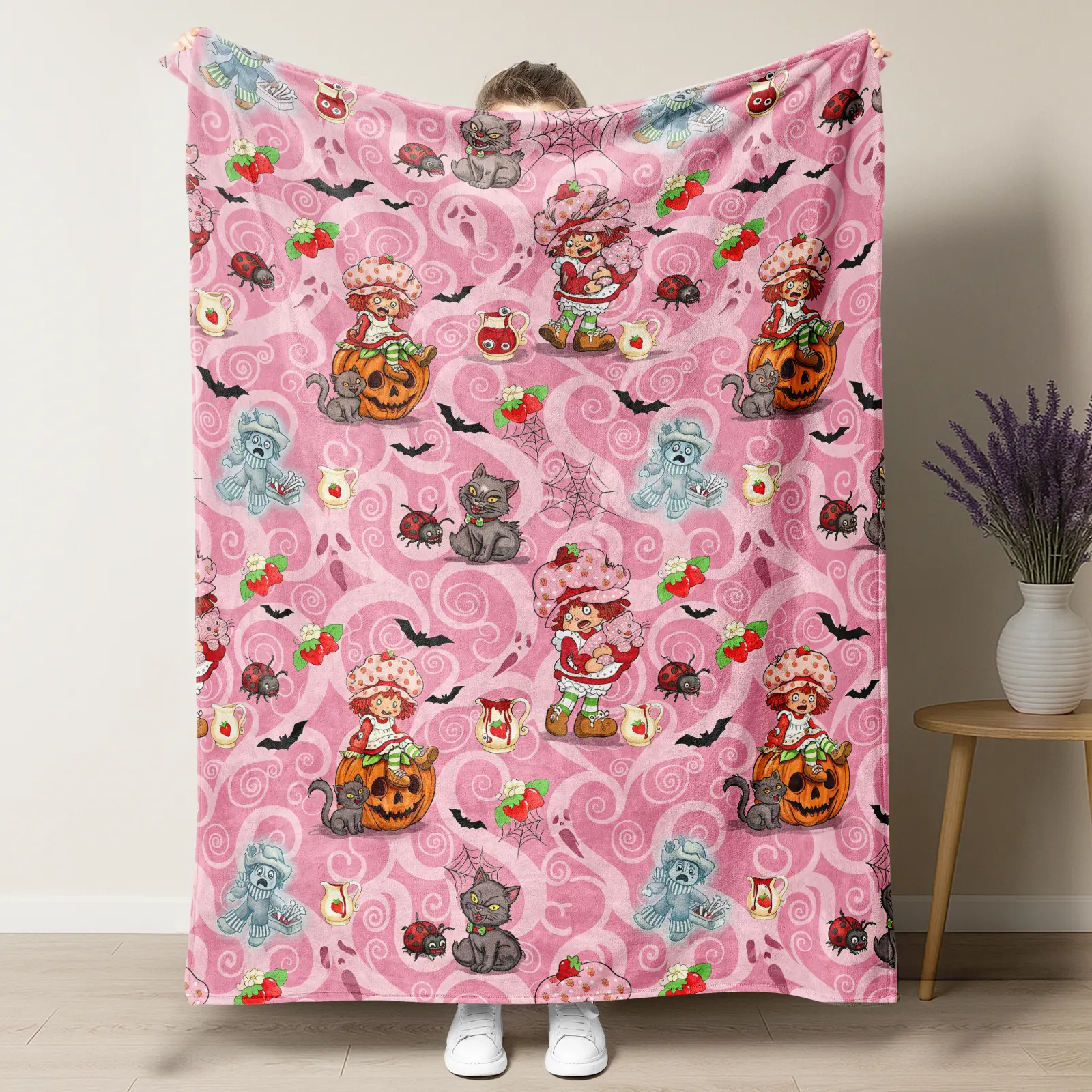 Pink Swirl Strawberry Girl Halloween Throw Blanket, Jack O Lantern Black Cat Bat Ghost Print Flannel Blanket, Cute Spooky Fall Decor Blanket For Bedroom Sofa