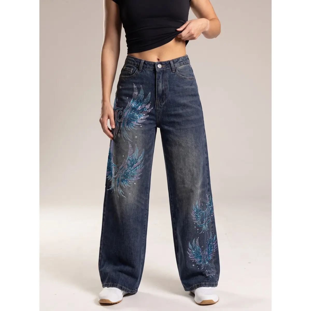 TCH - K Cyber Y2K Rhinestone Wing Baggy Jeans | Vintage Wash Fairy Grunge Wide Leg Denim