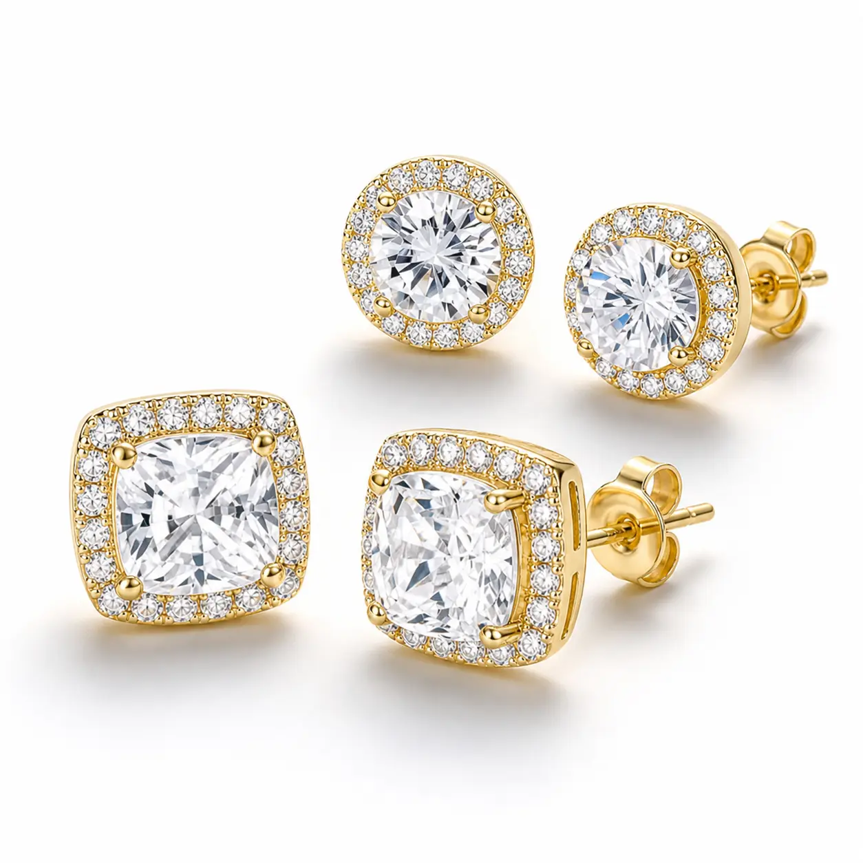 2 Pairs of Two-Tone Cubic Zirconia Stud Earrings for Women and Men, Sparkly Gold and Silver Everyday Jewelry  , Alloy Metal, Two-Tone Sets, Unisex Wear