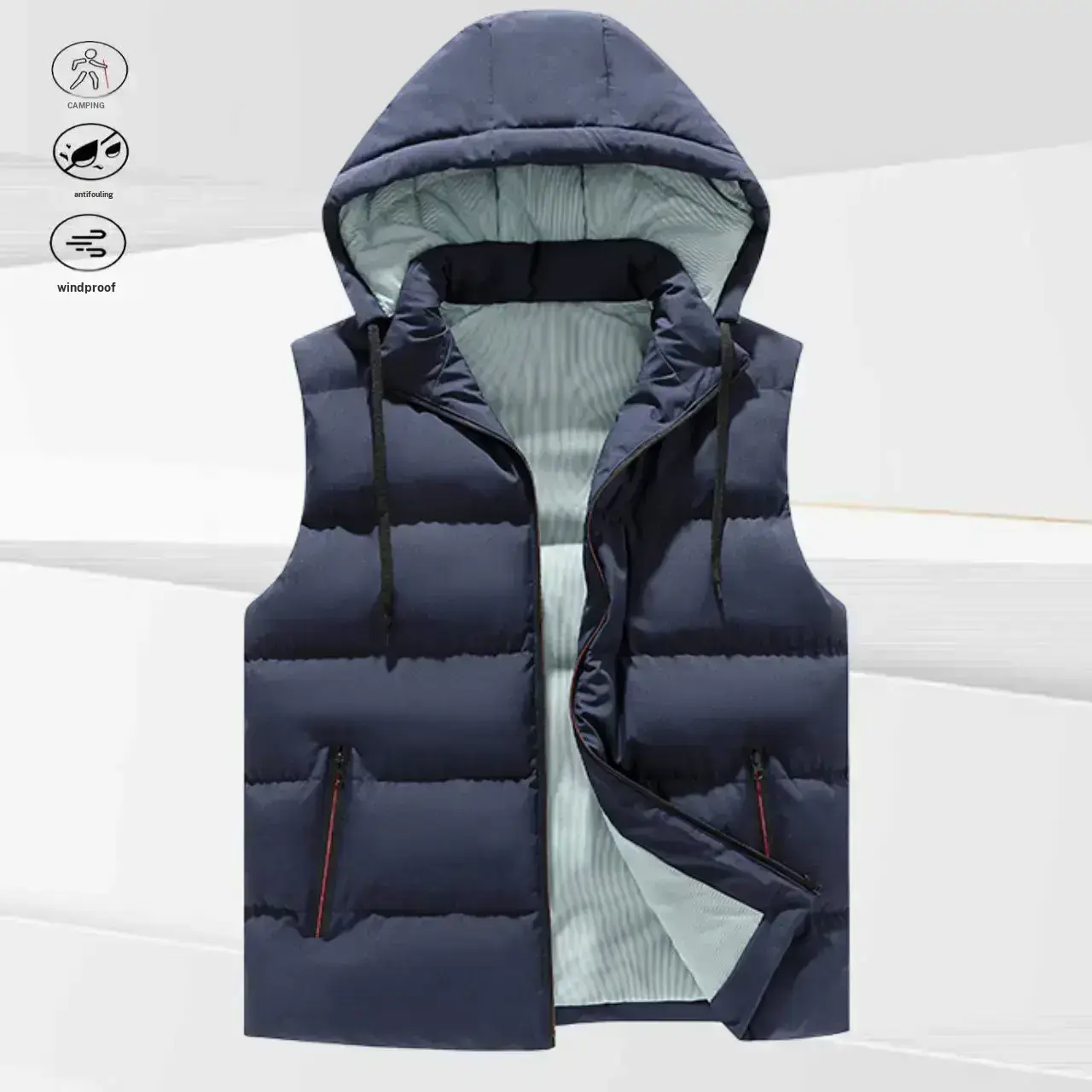 Men's Hooded Polyester Waistcoat - Stylish Casual Solid Black Sleeveless Top with Red Line Pocket Decoration, Menswear Clothes, Tops, Vest