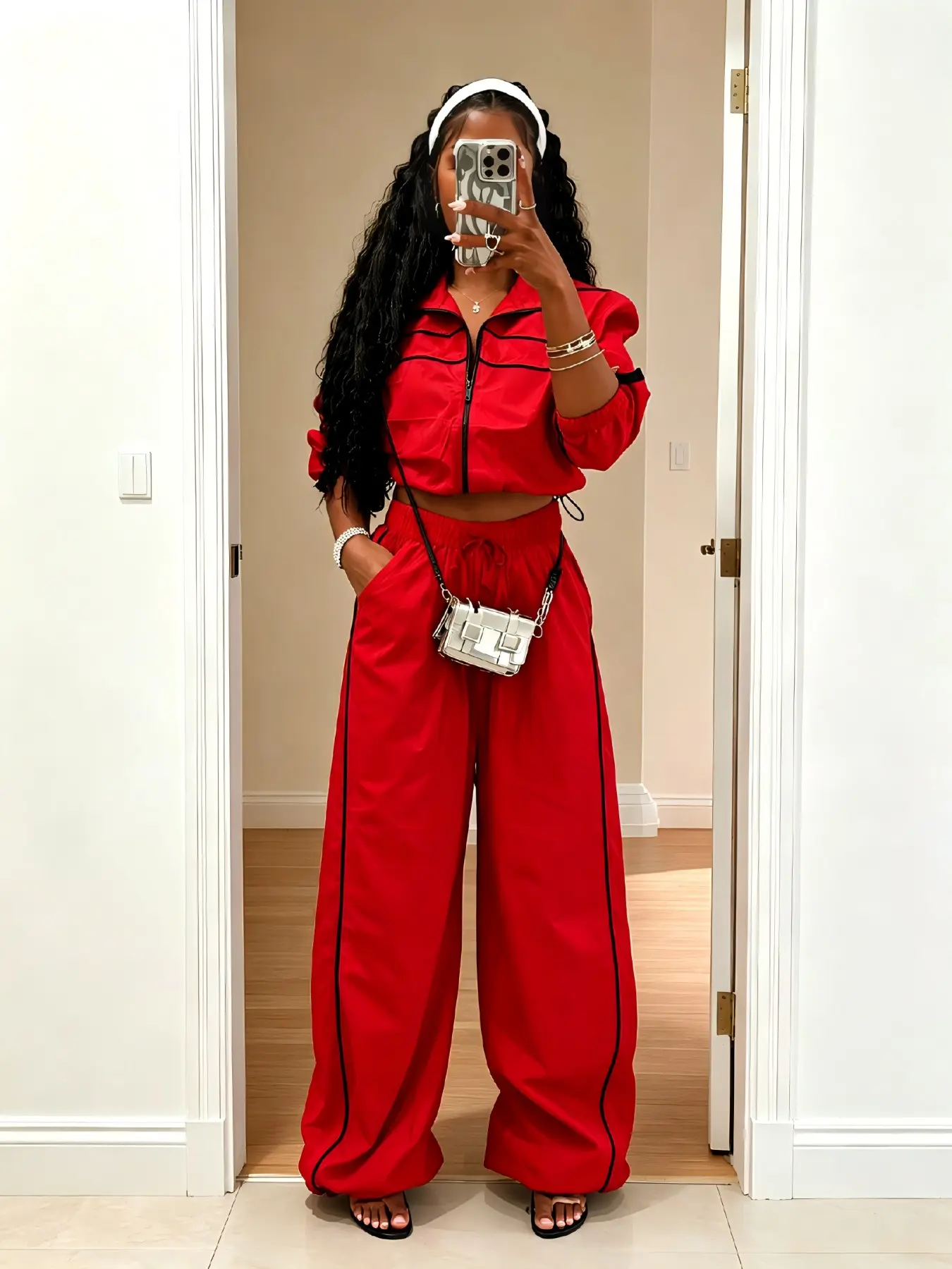 Women's Activewear Fashion Chic Sporty Collar Zipper Drawstring Hem Jacket, Sexy Long Sleeve Colorblock Belted Coat, Windproof Wide Leg Pants Set Clothes