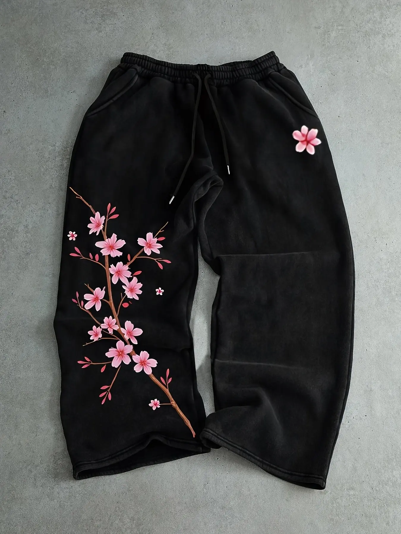 Men Drawstring Waist Straight Leg Sweatpants Vintage Washed Black Vertical Cherry Blossom Sakura Floral Graphic Breathable Asian Aesthetic Streetwear Casual Workout Trousers Casual Athleisure Pants Casual Athletic Pants