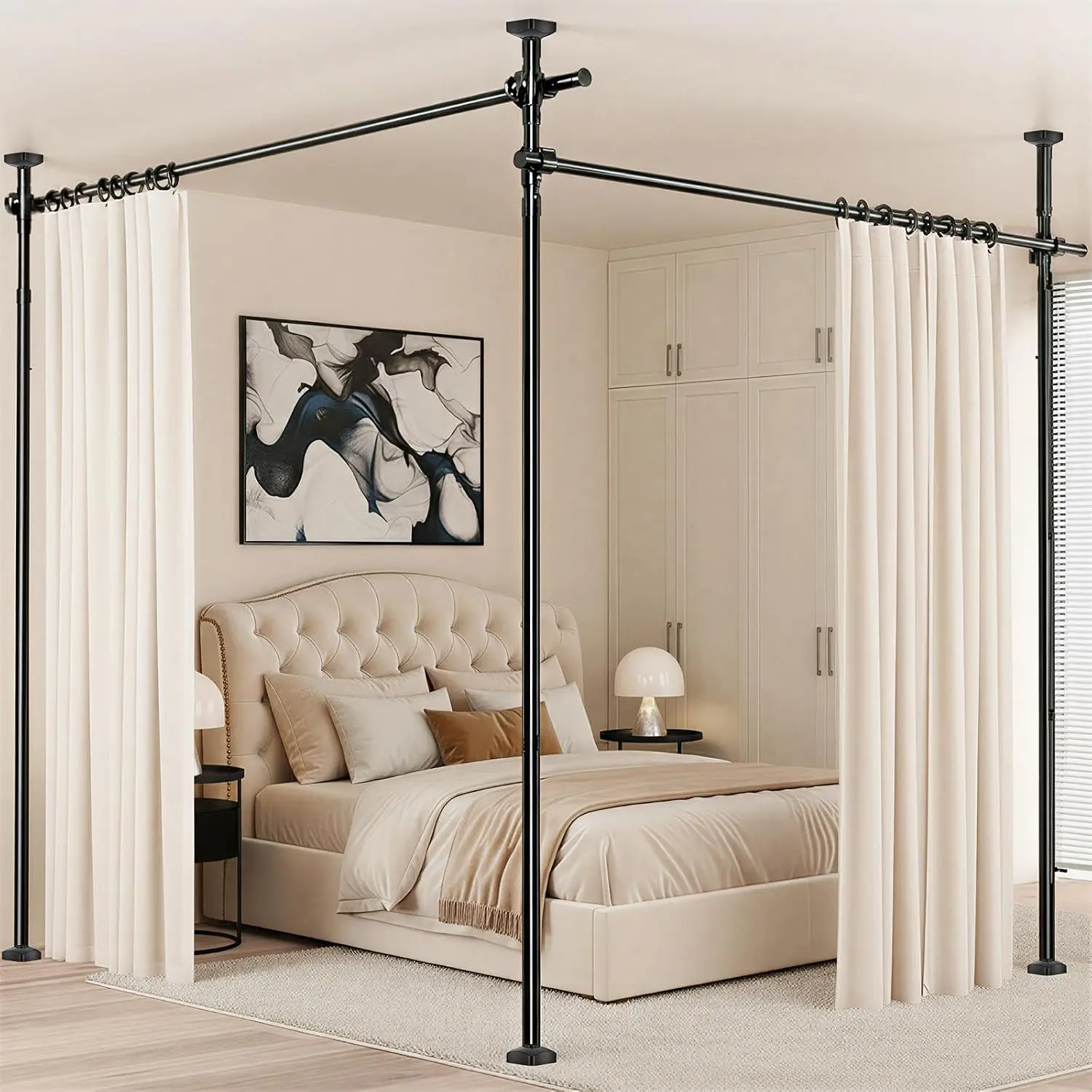 Room Divider No Drilling Curtain Rod Wall Divider for Room Separation, 4-10ft(H) 28-140inch(W) Adjustable Temporary Privacy Wall Divider, Heavy Duty Partition Separator Freestanding Tension, Black