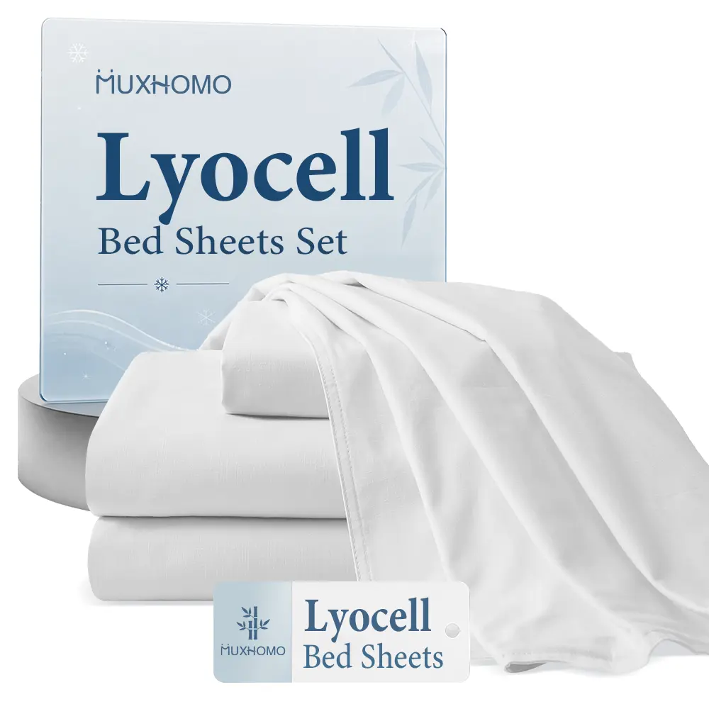MUXHOMO Lyocell Cooling Bed Sheets，Up to 16" Extra Deep Pocket Lyocell&Bamboo Bed Sheet Set, All Round Elastic Fitted Sheet, Luxury Soft Cooling Sheets for Hot Sleepers, 4 Pieces，High-Quality Sheets For Kids，Men,Women