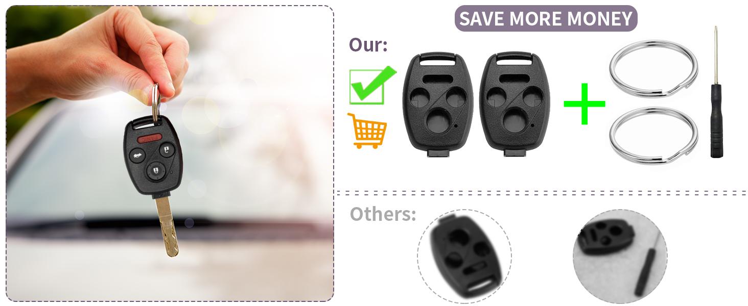 2 Pack Key Fob Shell Replacement for Honda Accord 2003-2012 / Civic EX 2006-2013 / Pilot 2009-2015 / CR-V 2005-2006 4 Button Car Keyless Entry Remote Control Key Fob Case Cover - NO Cutting Require