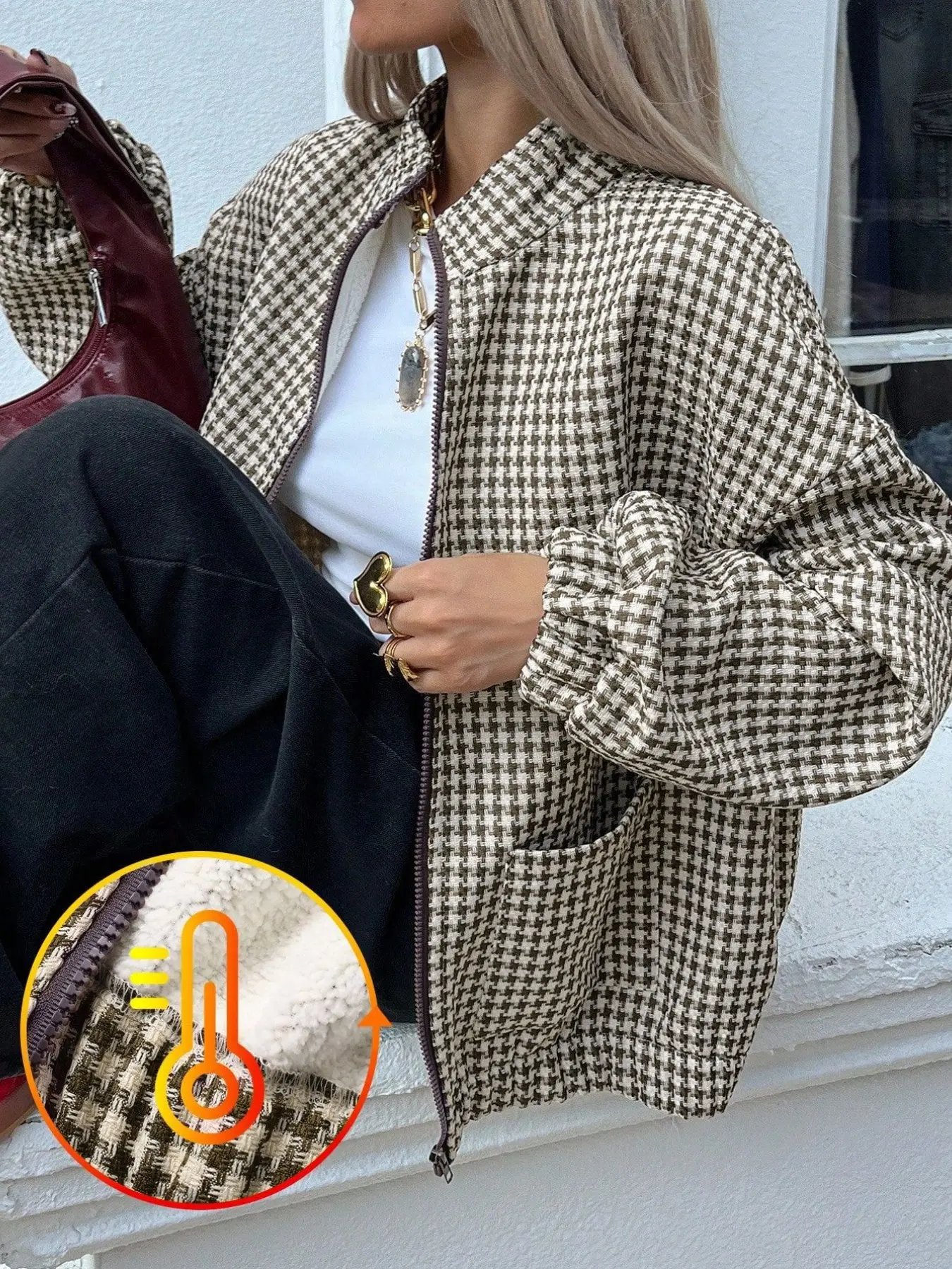 Women's Plaid Houndstooth Fleece Lined Zipper Jacket, Stand Collar Loose Long Sleeve Pocket Winter Coat, Warm Grid Pattern Outerwear