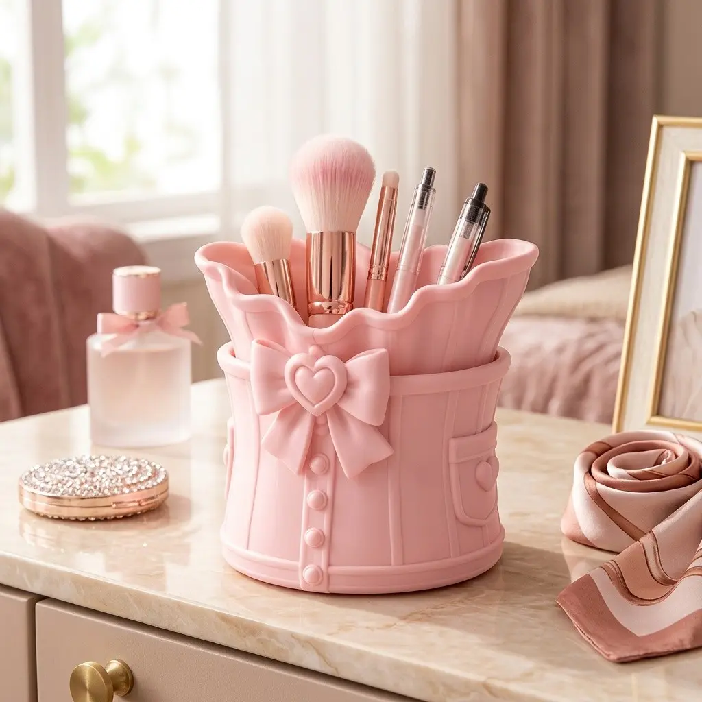 Creative Desktop Storage Box, 3D Printed Pen Holder, Dual-Use Makeup Organizer, Office & Vanity Tray, Princess Decorative Shelf