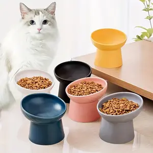 Ceramic Cat Bowl for Pets, Elevated Design with a Slanted Edge to Protect The Neck, Black Color, Prevents Black Chin in Cats