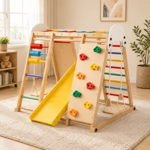 ARCH 9-in-1 Foldable Wooden Kids Climbing Frame Playset - Slide, Swing, Monkey Bars, Climbing Rock, Abacus Game - Indoor Outdoor Playground for Ages 3+, 176LBS Capacity, Natural Wood, 42.52W x 46.46D x 46.06H in, Balance, Unisex