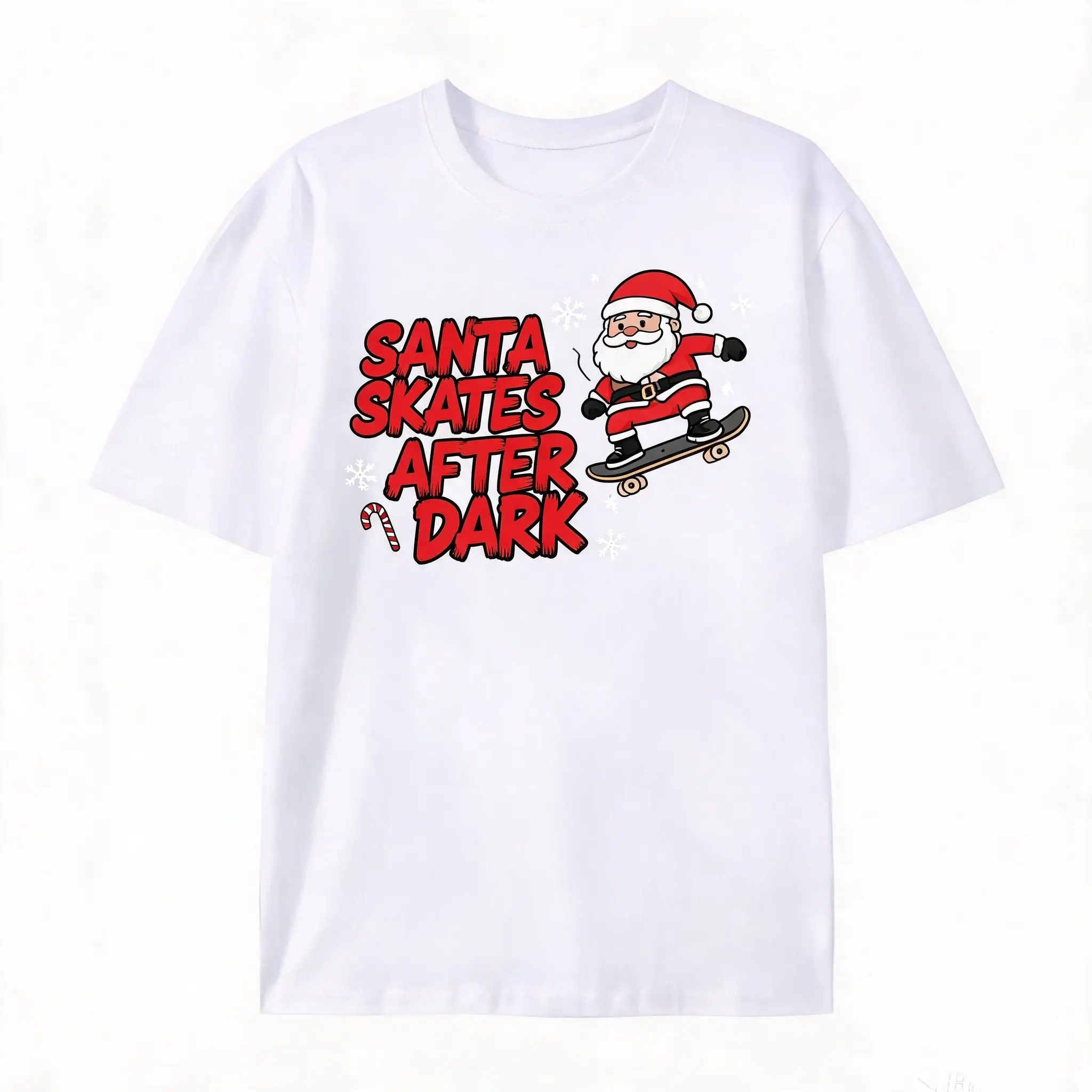 SummerVibes Santa Skateboard Tee – "Santa Skates After Dark" Funny Christmas Slogan with Santa on Skateboard & Candy Cane, Holiday Cotton Shirt, Ideal Gift For Skate Fans, Best Xmas Party Outfit, Bold Red Cartoon Print Top