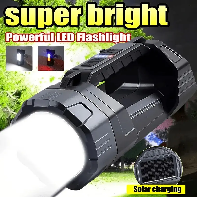Portable LED camping light, High Lumen Flashlights, High powered flashlight, six modes, rechargeable USB flashlight, side emergency light, solar outdoor light, tactical COB flashlight, power bank function, for camping and emergency situations
