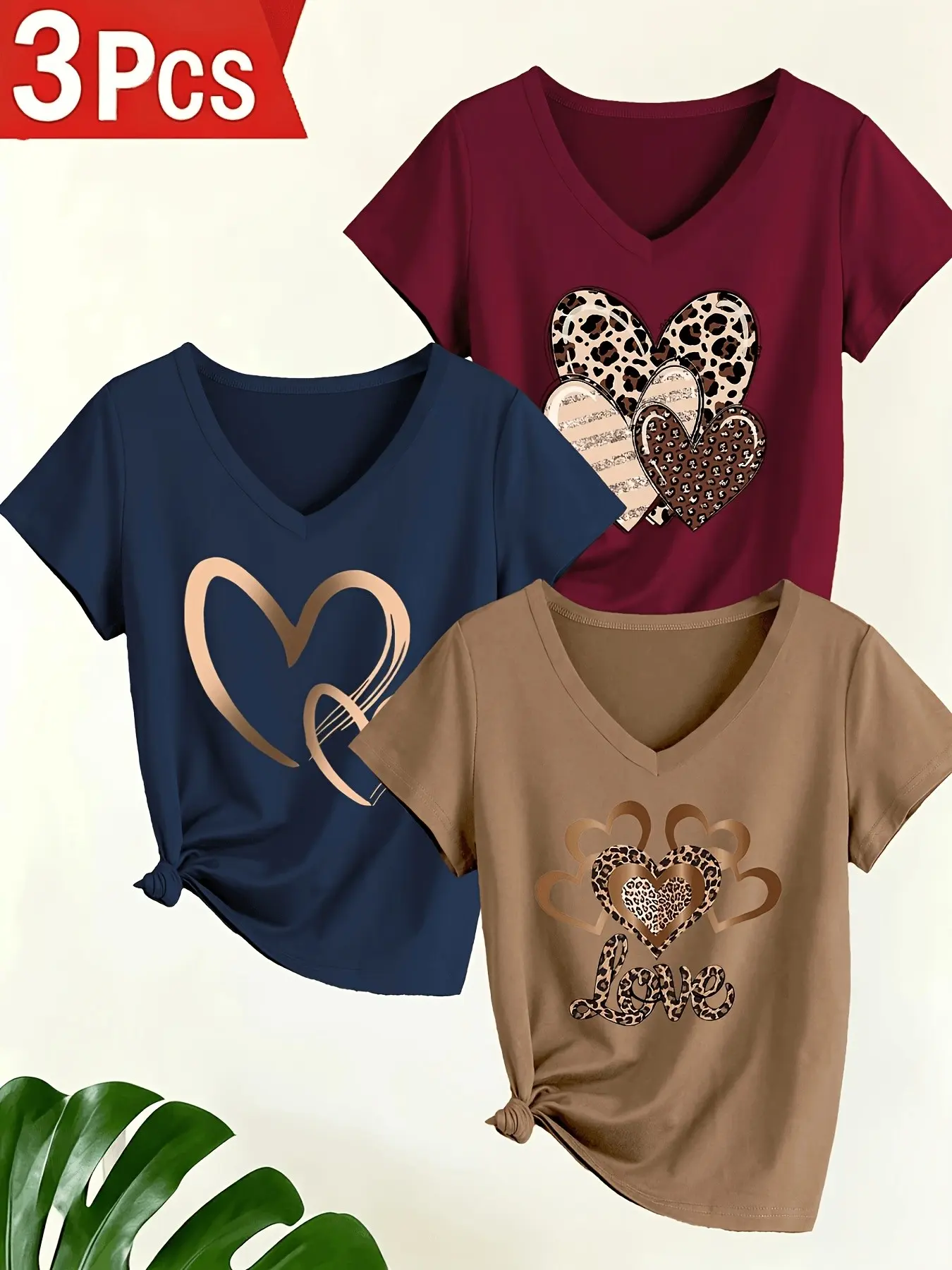 Women's V-Neck Three-Piece Set, Leopard Heart Print Short Sleeve T-Shirt, Casual Sporty Top, Breathable Fabric