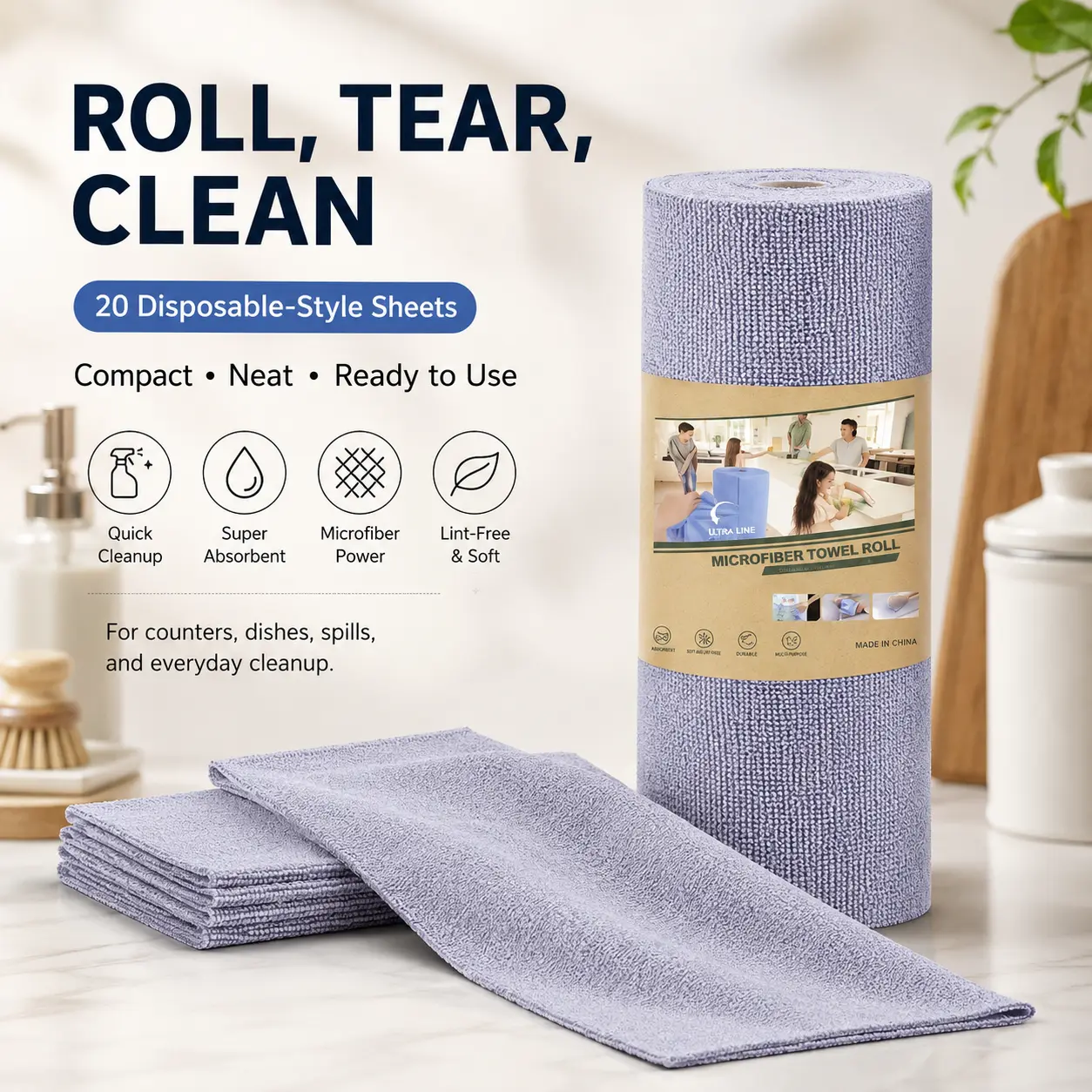 Microfiber reusable kitchen cleaning rolls, 20 sheets per roll, lint-free absorbent cloths, suitable for both wet and dry use, a cleaning towel to be replaced weekly, suitable for countertops, sinks, and glass cleaning