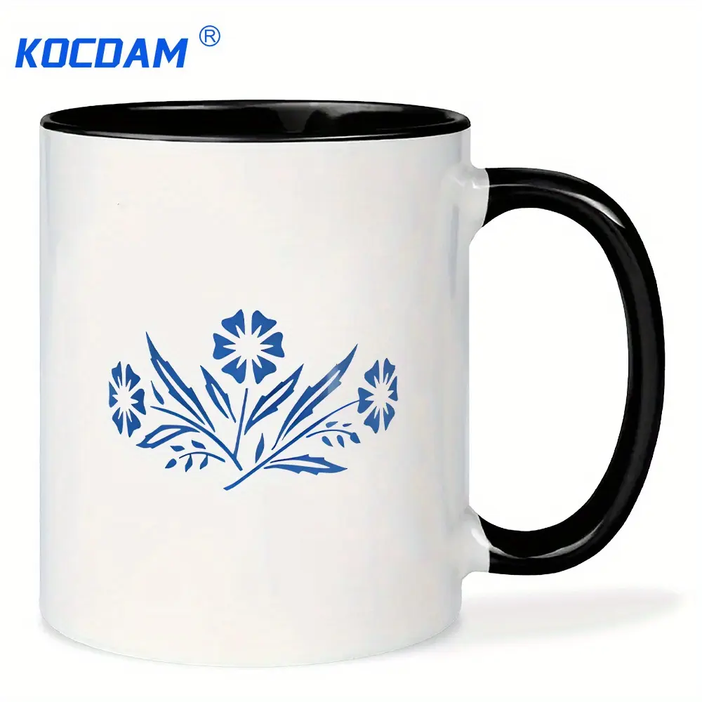 Vintage Blue Cornflower Ceramic Corningware Reproduction Round Cup - 1-Piece, 11oz White Mug with Blue Floral Print, Durable, Machine Washable, Modern Gift Idea for Mom
