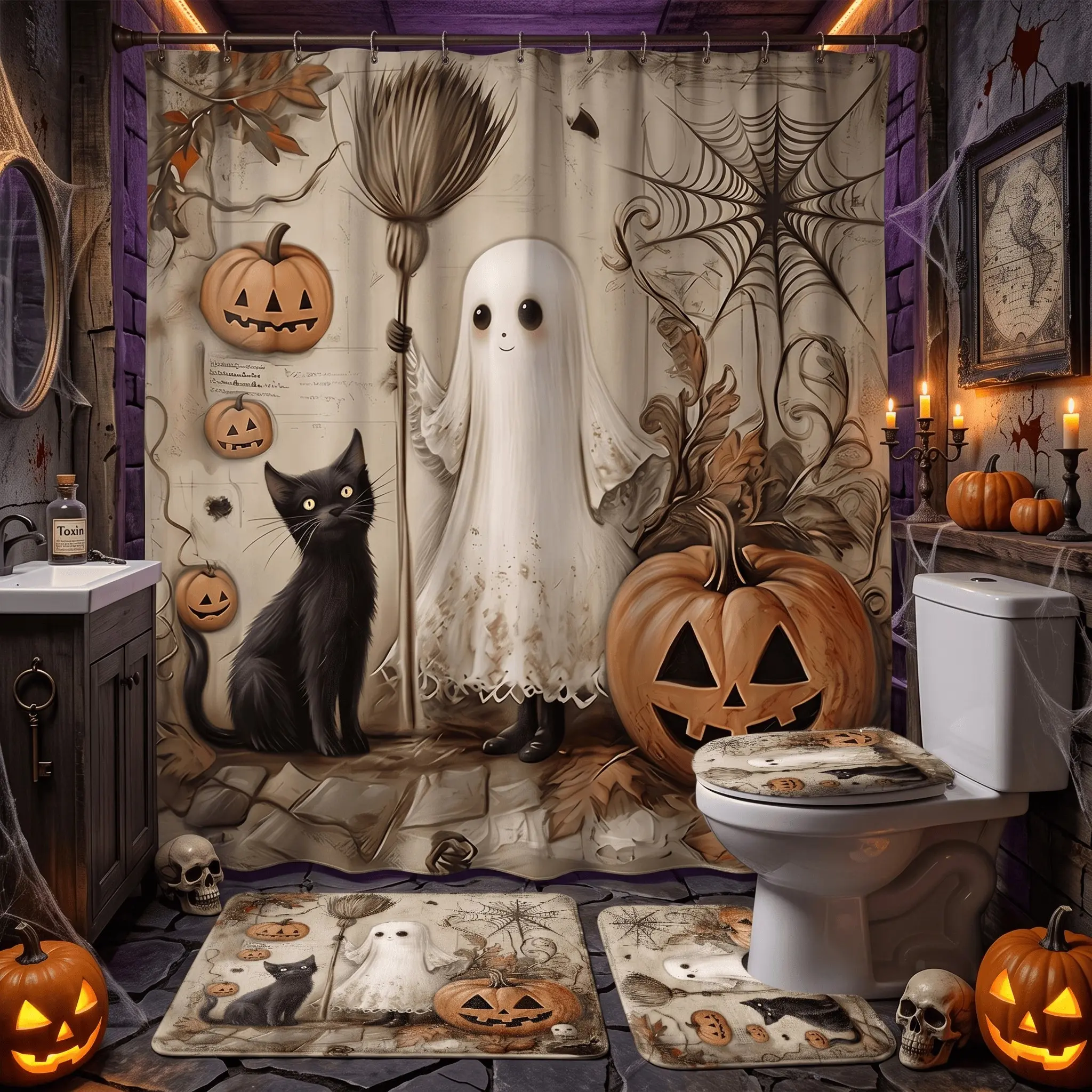4pcs Halloween Bathroom Decor Set, Cute Ghost Broom Cat Pumpkin Spiderweb, The floor mat fabric is thicker and softer! Spooky Season Home Set