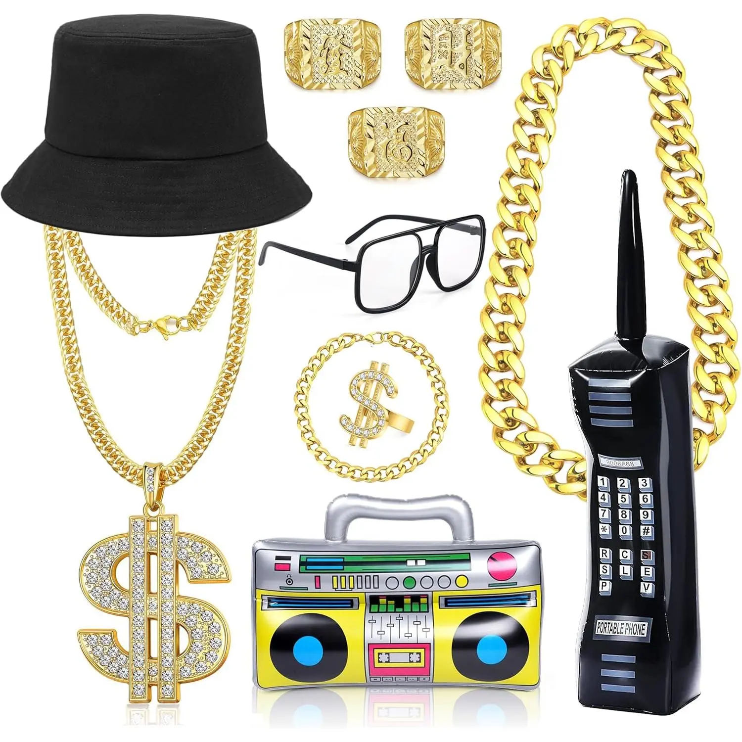 Men's 80s 90s Rapper Costume Kit with Shiny Chunky Jewelry, Classic Soft Cotton Bucket Hat, and Retro Accessories for Vintage Cosplay, Fabric, Set, Basic, Outdoor, Usd Symbol