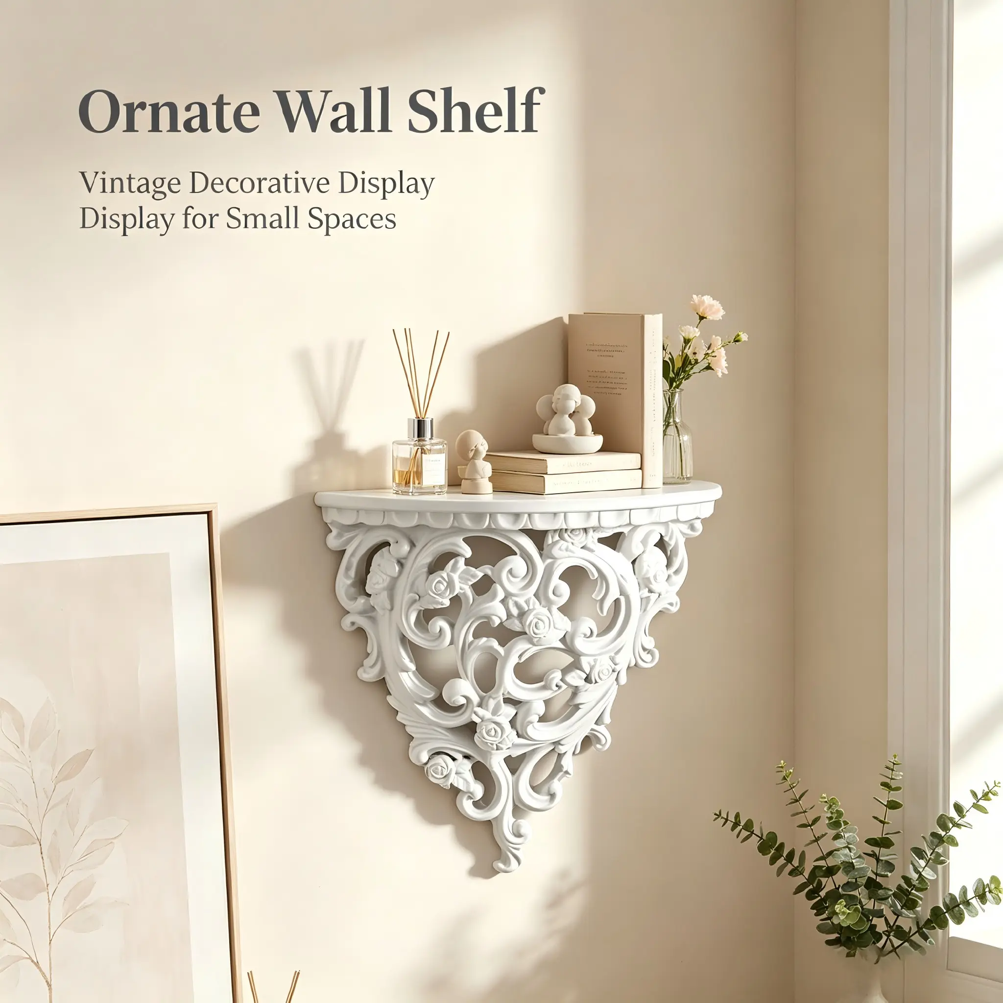 Small Vintage Hollow Out Carved Decorative Float Shelf, Resin Material, Wall-Mounted Display Rack, Baroque Style Artistic Decorator Stand, Room Decor