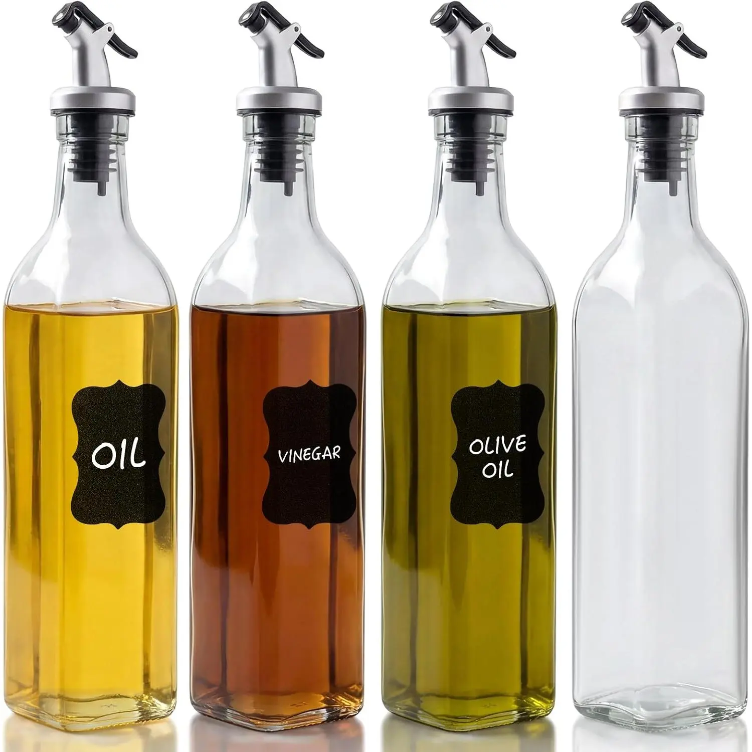 4 Pack 17 oz (500ml) Clear Glass Oil & Vinegar Dispenser Bottles, Leakproof Set with 4 Pour Spouts & 4 Labels, Kitchen Tools for Salad, BBQ, Air Fryer Cooking