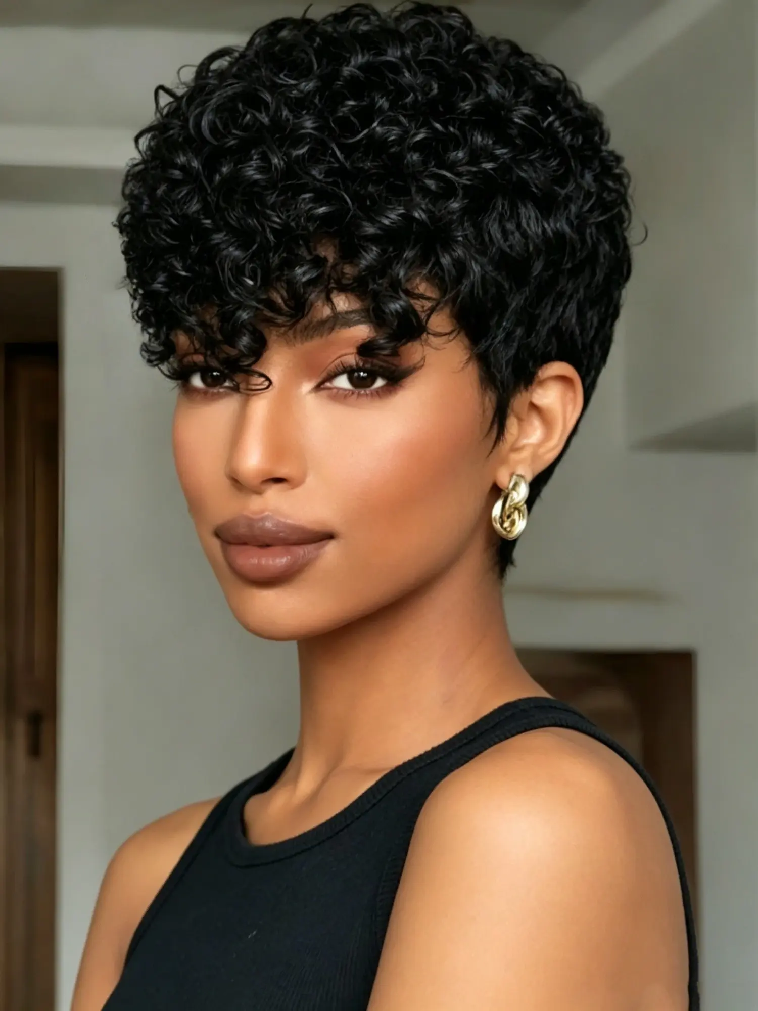 Short Layered Curly Pixie Cut Human Hair Wig with Bangs for Women Everyday Use