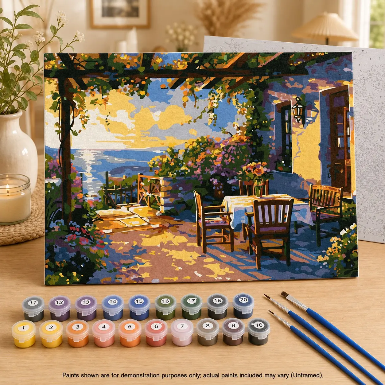 DIY Paint by Numbers Kit, Mediterranean Sea View Garden Terrace Style, 50x40cm Canvas, Colors & Brushes Included, Adult Relaxation Decor