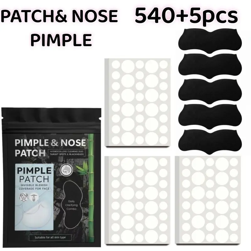 540+5Pcs Clear Hydrocolloid Pimple Patches and Black Nose Strips, 2-in-1 Acne Care Duo Multi-Size Round Blemish Cover Set for Holiday Parties, Pre-Makeup Prep, Travel and Daily Skincare