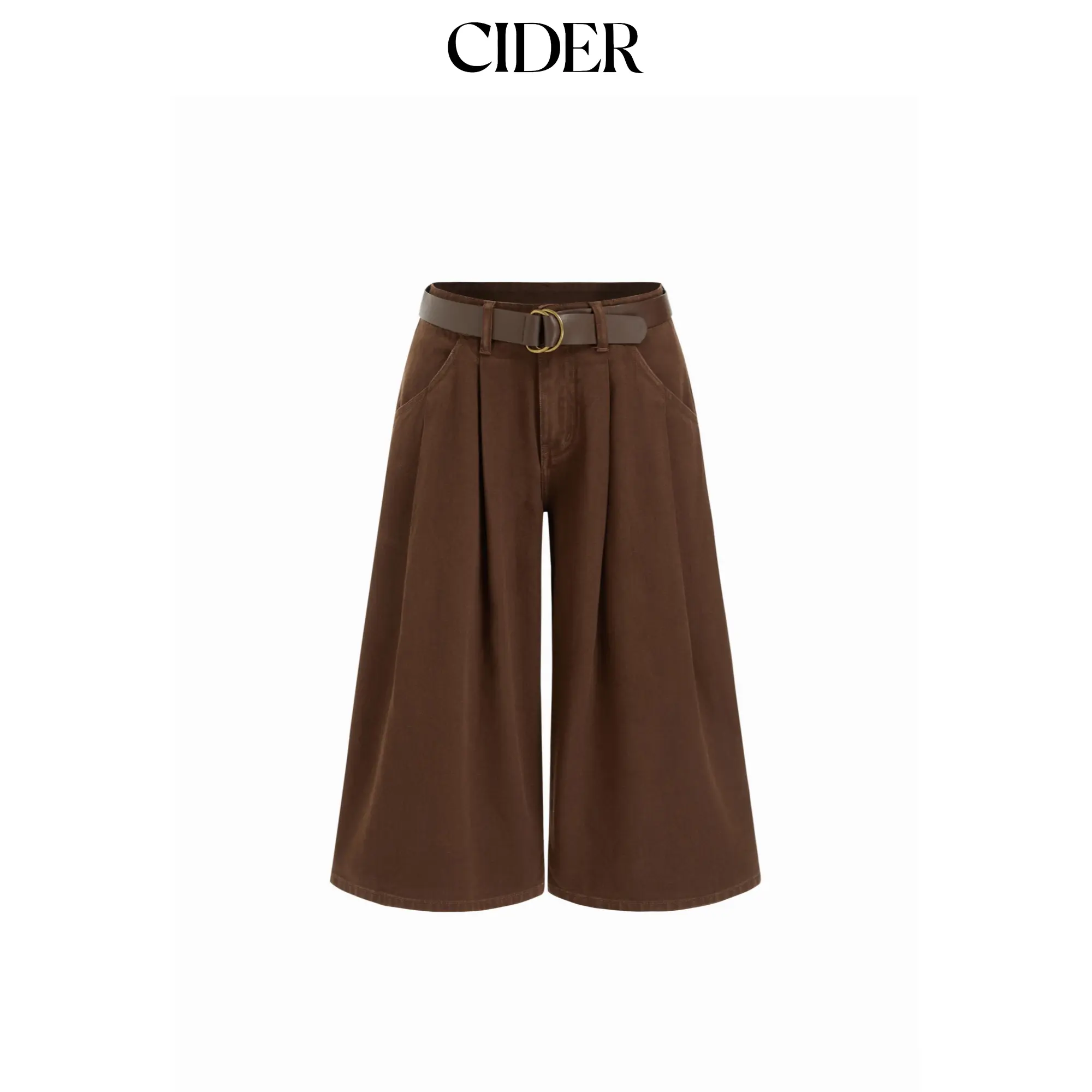 Cider Cider Denim Low Rise Pleated Wide Leg Capri Trousers With Belt