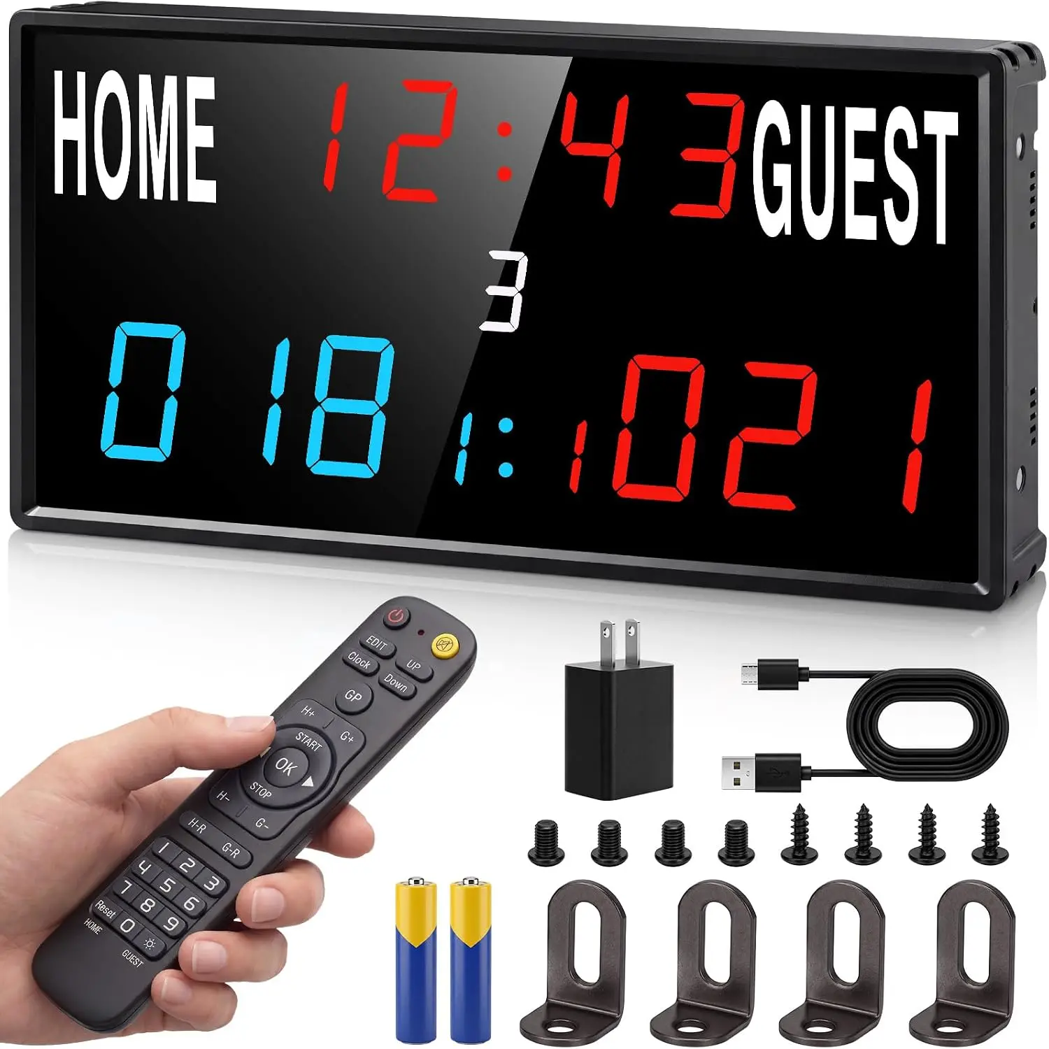 15 Inch LED Digital Sports Scoreboard with 33FT Remote - Timer, 24H Clock, IPX6 Waterproof, 6 Brightness Levels, Dual Power (USB-C Plug-in & Power Bank), Wall Mount, Iron Frame for Cornhole Games Basketball