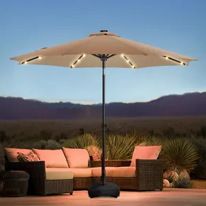 9FT Solar Led Patio Umbrella with Base Included, 32 LED Lights, 8 Sturdy Ribs, Fade Resistant Waterproof POLYESTER DTY Canopy for Garden, Lawn, Deck, Backyard & Pool, Tan