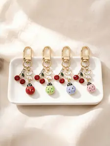 Cartoon Alloy Keychain with Rhinestones, Cherry Bow Tie Pendant, Ladybug Charm, Insect Key Ring, DIY Accessory, Gift for Men Women