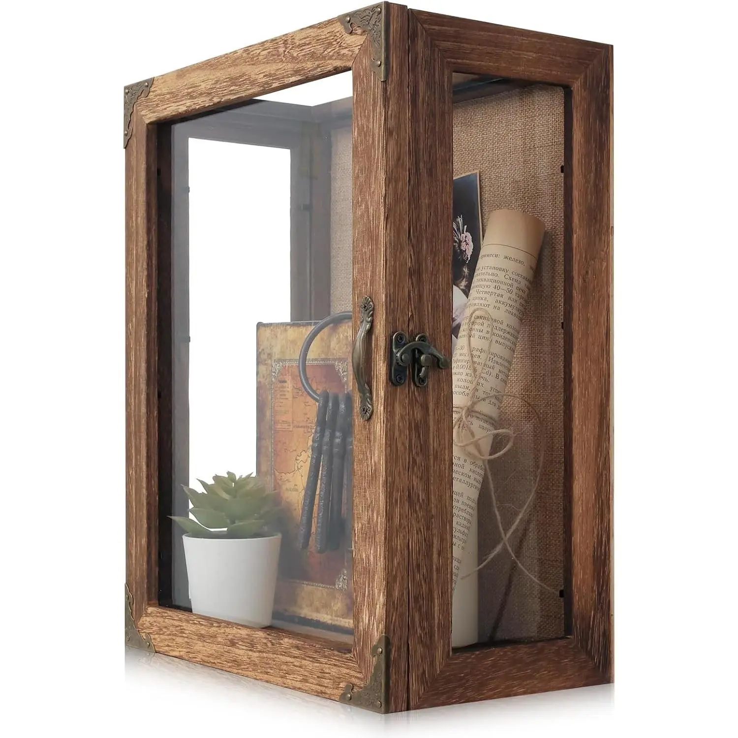 Rustic Wood Frame 11x14 Deep Shadow Box Display Case - 4 Glass Sides, 6.2in Fixed Depth Wall-Mounted Memory Box for Keepsakes, Graduation Cap