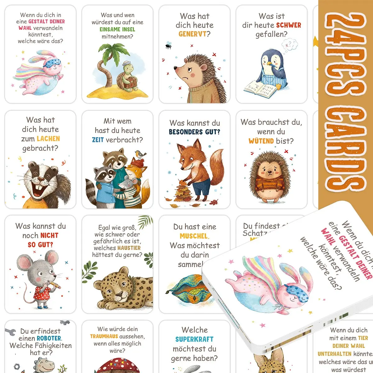 24 German Story Q&a Cards, Interactive Emotional Dialogue Learning Flashcards, Watercolor Animal Therapy Gift Cards, Focus & Observation Tool, Activity Cards