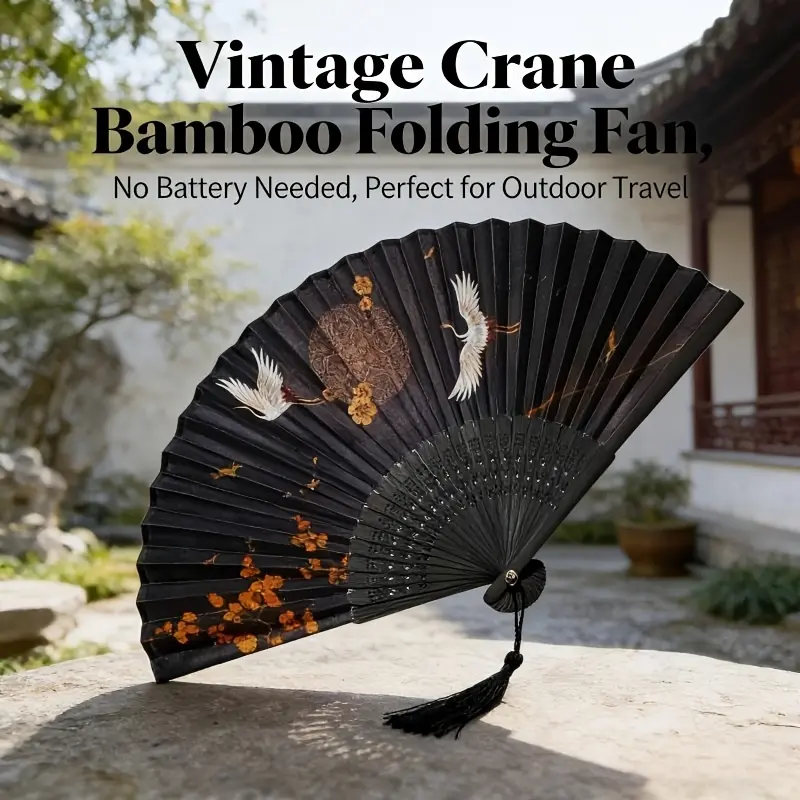 1pc Ancient Style Folding Fan, Black Background with Crane And Golden Osmanthus Pattern, Tassel Pendant Adds Ancient Charm, Bamboo Fan Bone Is Lightweight And Durable, Ancient Style Lovers, Hanfu Wearers, And Dance Performers Can All Handle It