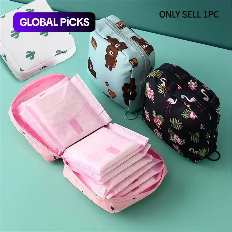 Cartoon Pattern Sanitary Napkin Storage Bag, 1 Count Portable Menstrual Pad Pouch Organiser, Small Zipper Space-Saving Bag for Outdoor Travel and Home, Organizing Supplies #GLOBAL PICKS