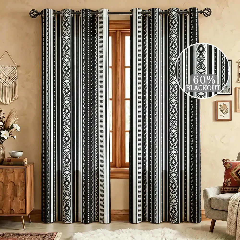 2 Panels 60-65%  Boho Blackout Window Curtains, Neutral Geometric Print Light Blocking Room Darkening Drapes, Country Farmhouse Style Curtain for Living Room Bedroom Kitchen Home Decor, Home Decorative Curtain