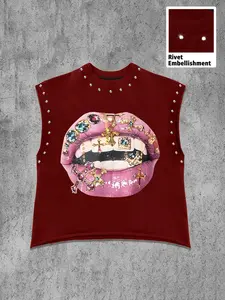 Summer Casual Tank Top, Loose, Graphic, Gemstone Lip Pattern Print, Breathable Fabric, Street Style, Perfect for Hip Hop Parties, Trendy Men's