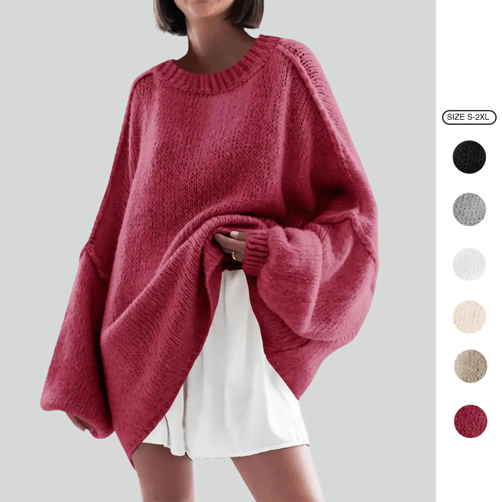 Imily Bela Womens Oversized Sweater Chunky Crew Neck Long Lantern Sleeve Knit Fall Trendy Tunic Sweaters Top