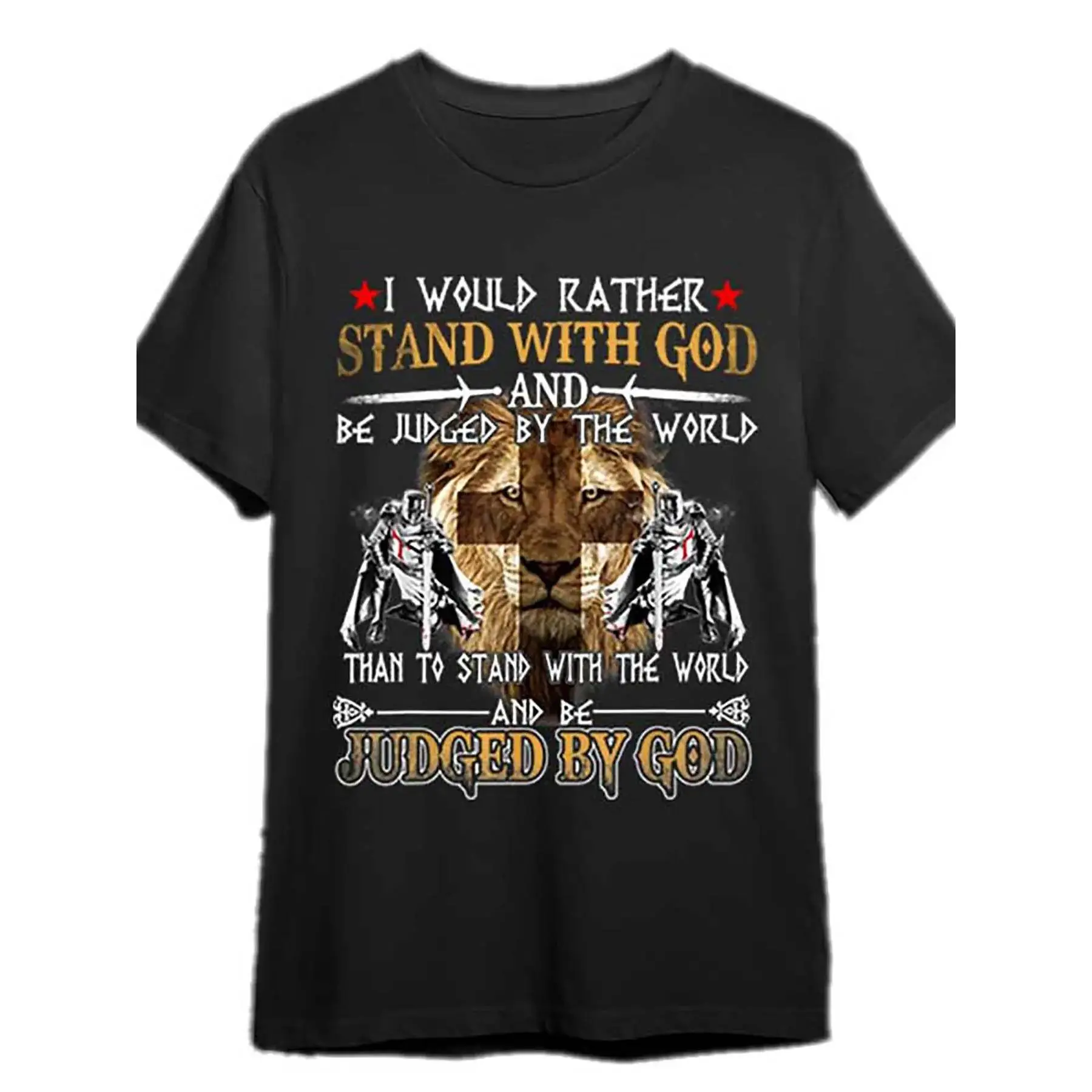 Men's Knight Templar 'Judged By God' Graphic T-Shirt, Christian Lion & Cross Print, Short Sleeve Cotton Blend Crewneck, Classic Regular Fit, Soft Cozy Premium-Quality Menswear, No Cracking Peeling or Fading