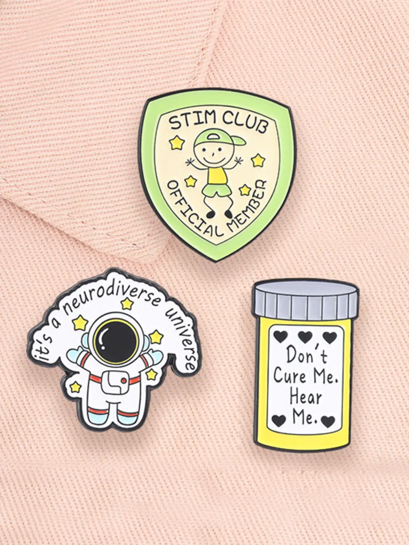 3-Piece Autism Adhd Enamel Brooch Set, Cartoon Astronaut Pill Bottle Military Shield, Alloy Badge, Fashion Accessory