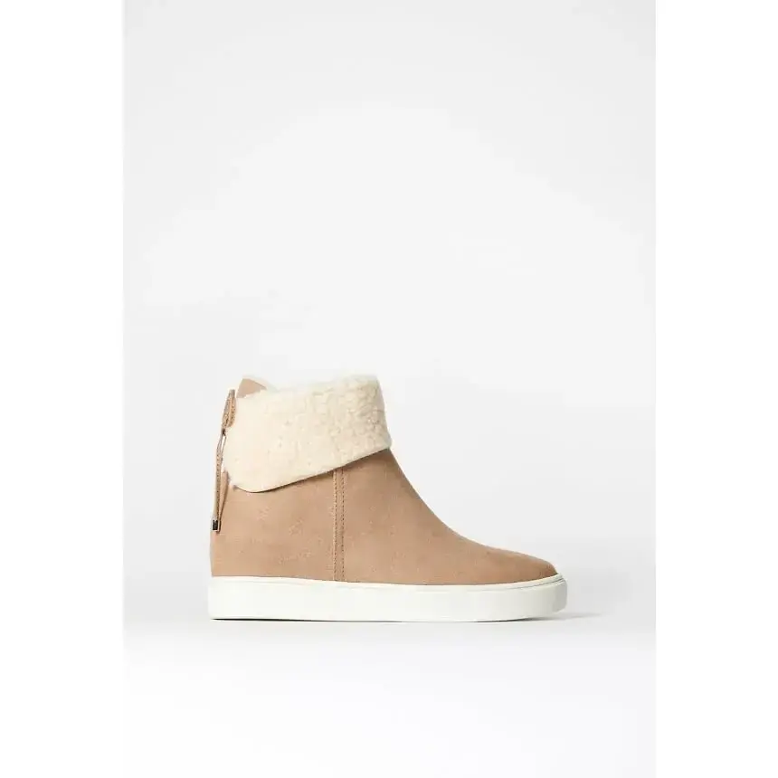 JUSTFAB Women's Round Toe Hidden Wedge Sneaker Boots - Faux Suede Slip-On Booties with Sherpa Fleece - Winter Casual Shoes for Casual Outings