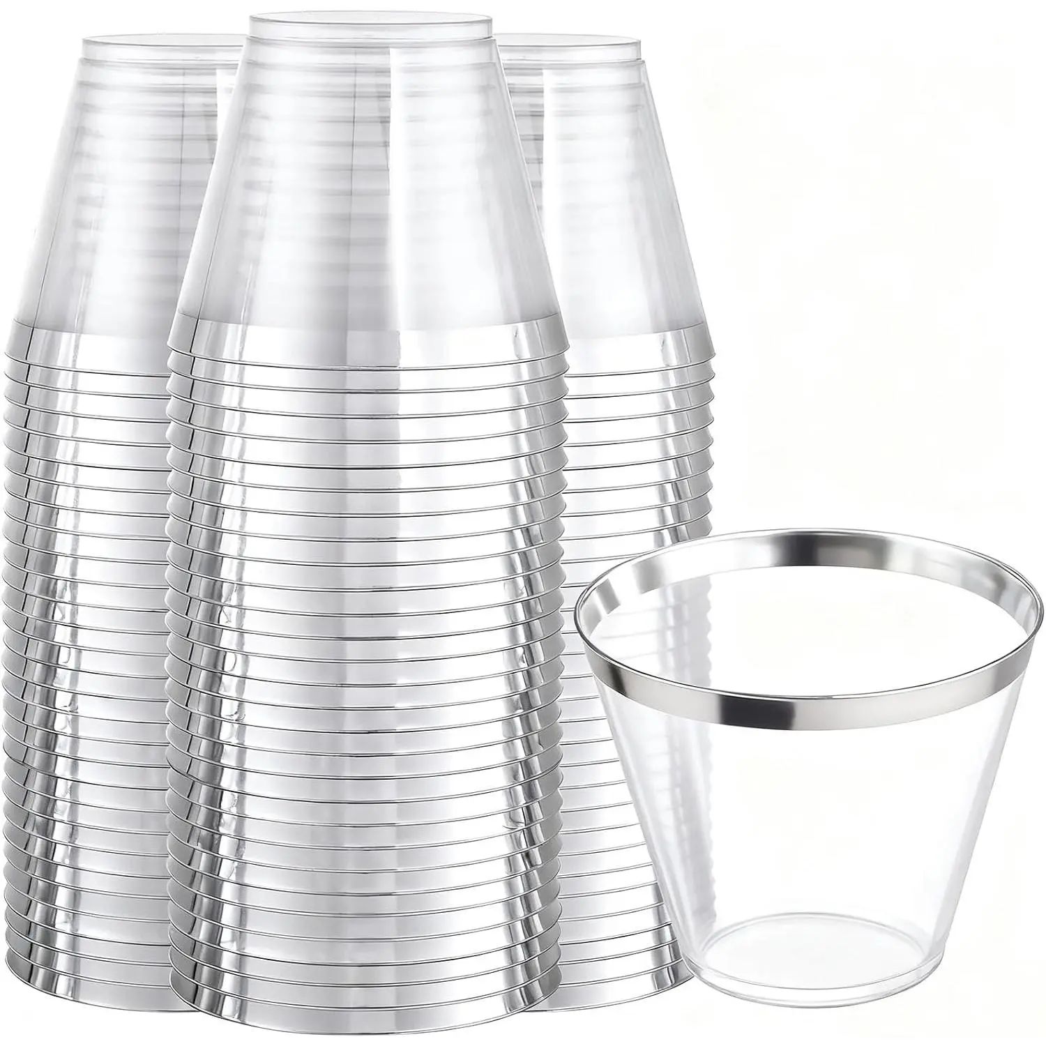 200 Pack Sliver Plastic Cups for Weddings |   9 oz Clear Cups with Sliver Rim, Heavy Duty Plastic, Wine Cocktails Champagne Margaritas for Parties Bars Anniversaries