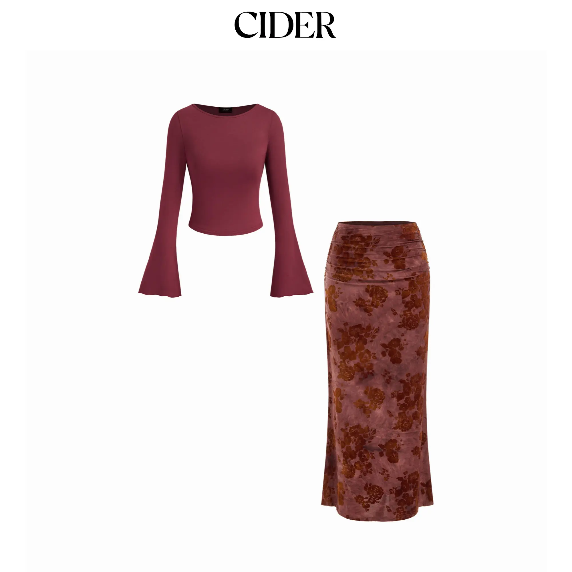 Cider Boat Neck Long Sleeve Top & Mid Rise Floral Ruched Maxi Skirt Set SohoChic