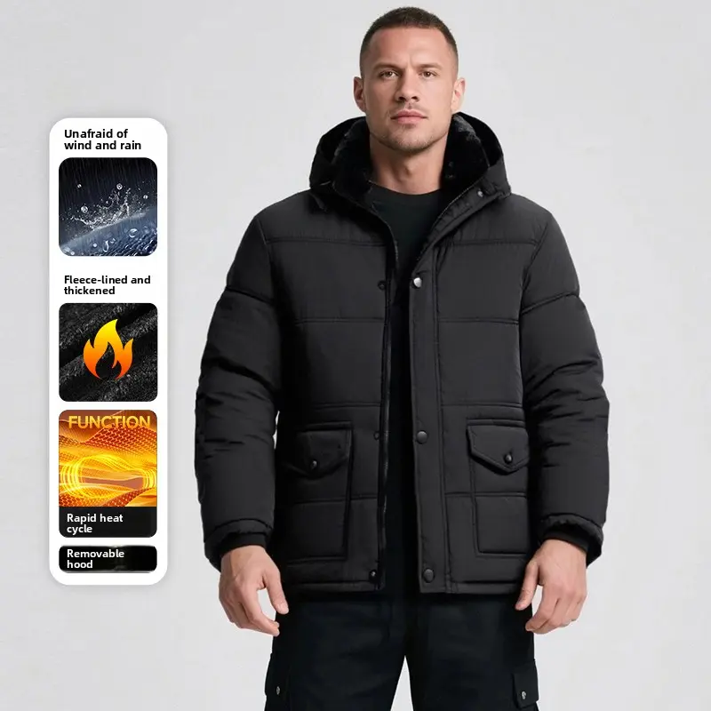 Men's Winter Puffer Jacket Detachable Hood Fleece Lined Thickened Warm Coat Windproof Water Resistant Outerwear Rapid Heat Thermal Parka Flap Pockets Snap Button Heavyweight Cold Weather Essential Daily Outdoor Menswear Snow Gear Relaxed Fit
