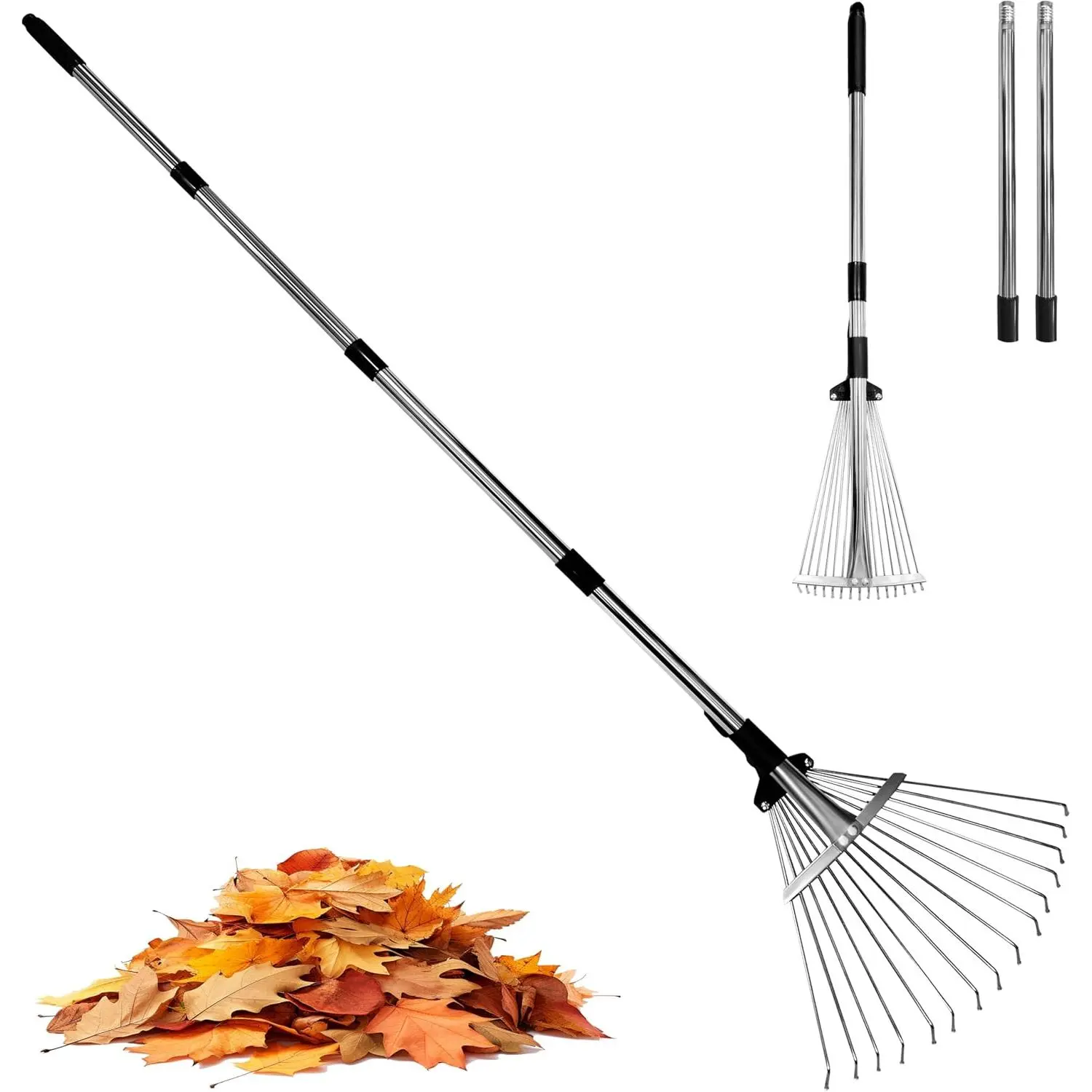 Garden Rake for Leaves,Heavy Duty Metal Adjustable Leaf Rake for Lawns,Long Handle 33"-69" with Expandable  8"-15",Garden Tools for Yard Lawn Shrub Garden Beds