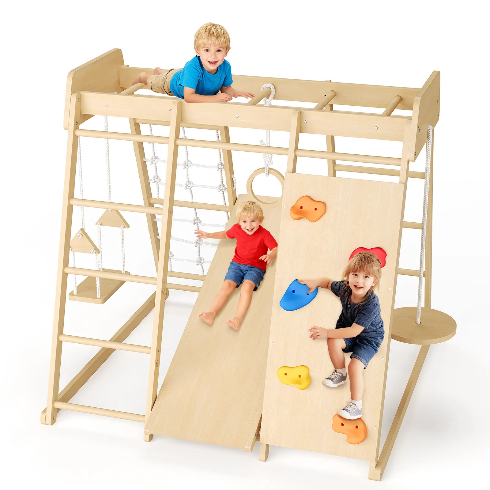 8-in-1 Wooden Indoor Playground for Kids, Climbing Frame with Slide Swing Monkey Bars, Natural Wood Jungle Gym for Toddlers Ages 1-8, Montessori Gross Motor Skills Toy, Indoor Outdoor Playset, Safe Non-Toxic Finish, Easy Assembly